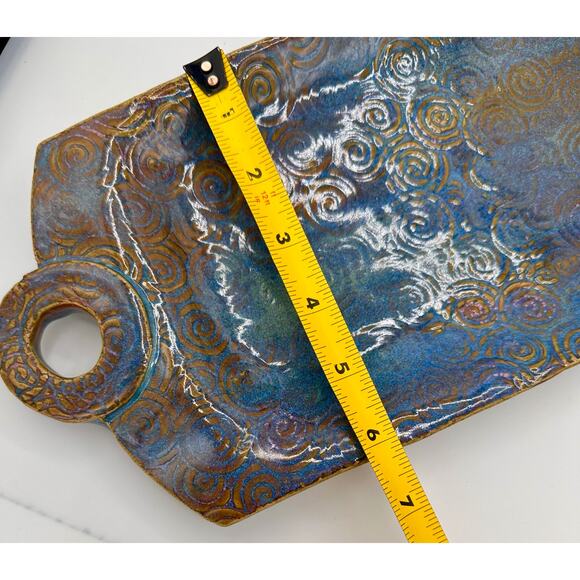 Handmade Raku-Style Ceramic Platter — Iridescent Blue & Copper Swirl Pattern - Picture 9 of 12